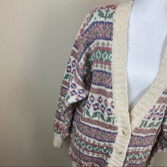 VTG Liz Sport Cream Pink & Light Green Chunky Button Up Cardigan Sweater - Picture 10 of 15
